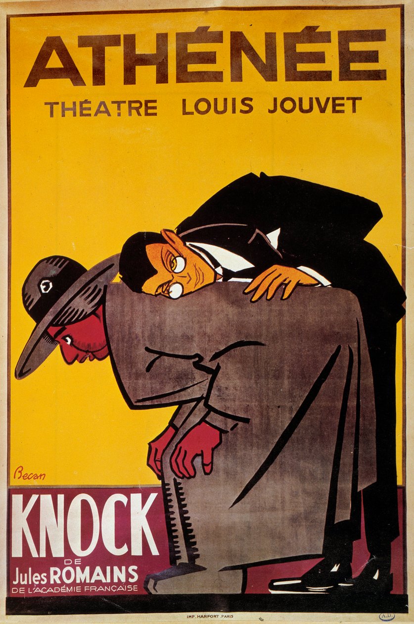 Jules Romain „Knock” című előadásának plakátja a Louis Jouvet színházban – 20. századi illusztráció: Bernard Becan (Bernhard Kahn) (1890-1943) – Párizs, Theatre de l