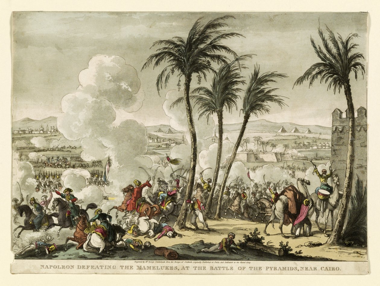 Napóleon legyőzi a mamelukokat a piramisok csatájában, Kairó közelében, vésette George Cruikshank (1769-1823), kocsma. 1823 (kézzel színezett metszet) alkotó: Bernard Edouard Swebach