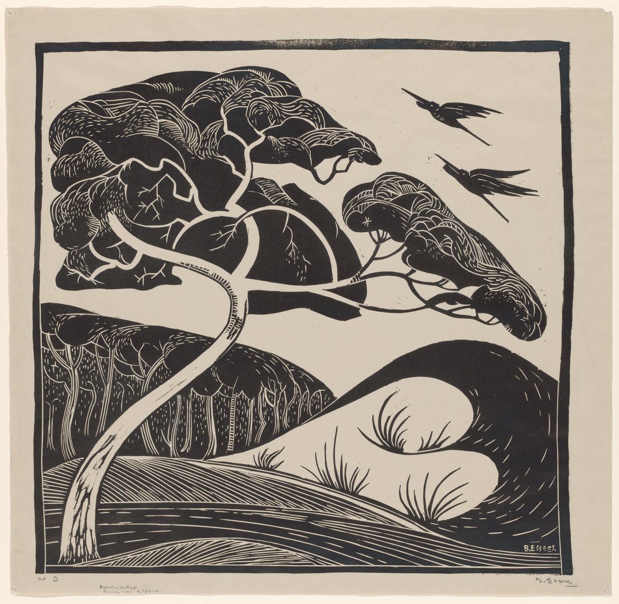 Dűne táj (cím az objektumon) Fa 2 gémtel (cím a tárgyon) alkotó: Bernard Essers (signed by artist)