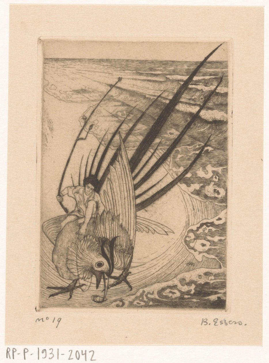 Fácánon ülő alak a tengerparton alkotó: Bernard Essers (signed by artist)