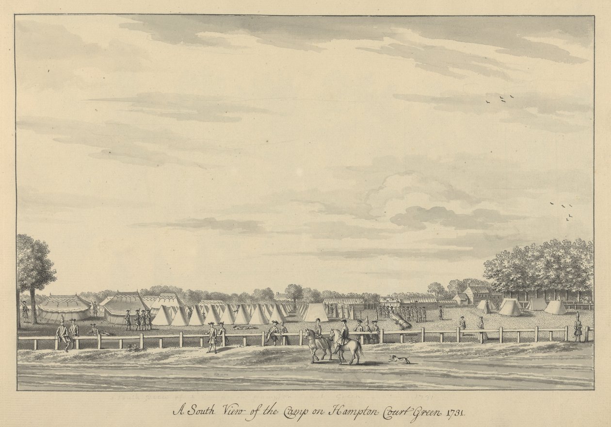 Déli nézet a Hampton Court Green-i táborról 1731, 1731-33 (toll és fekete tinta és mosás fektetett papíron) alkotó: Bernard III Lens