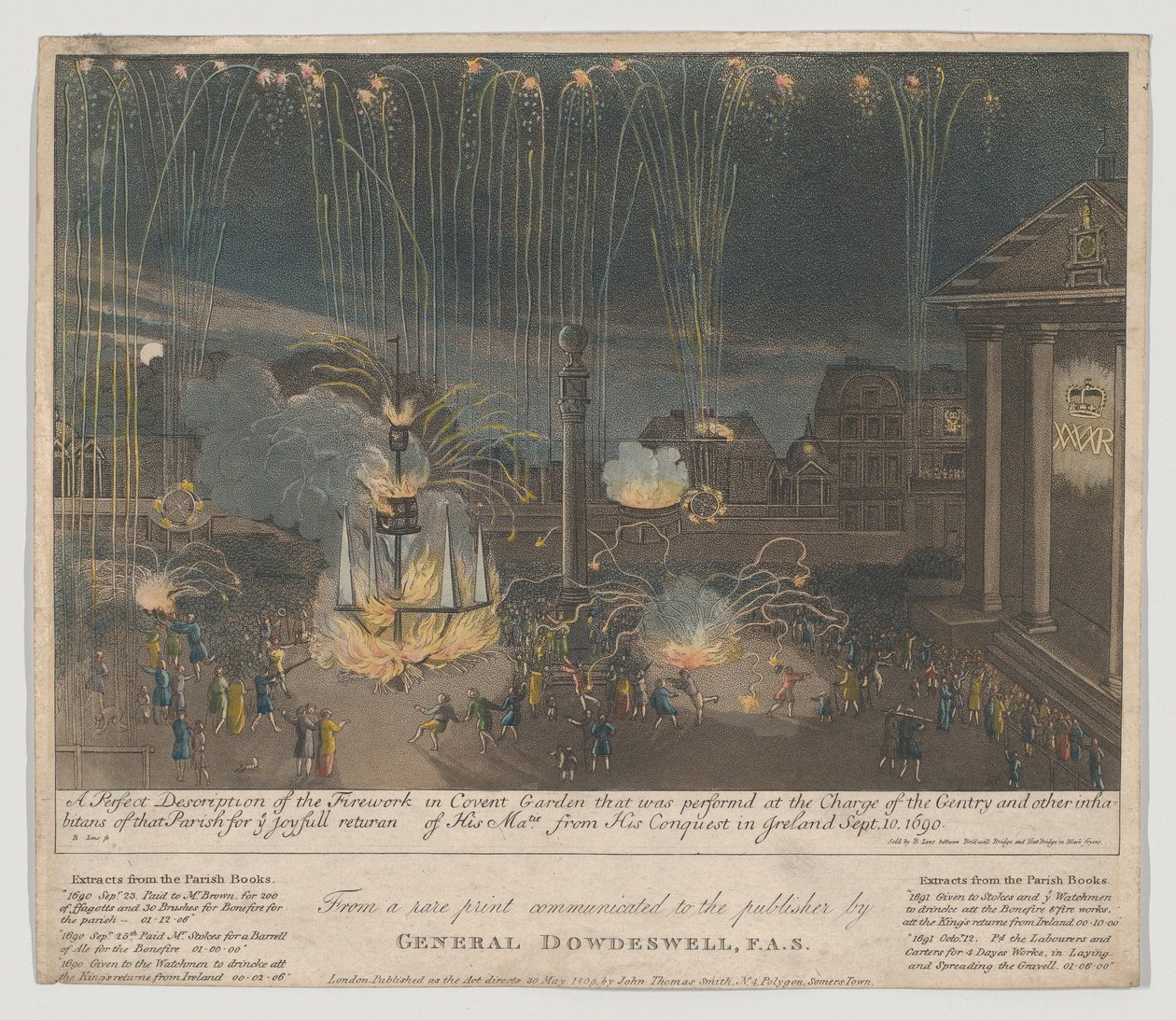 Tűzijáték Covent Gardenben, 1809 (rézkarc és akvatinta, kézzel színezett) alkotó: Bernard II Lens