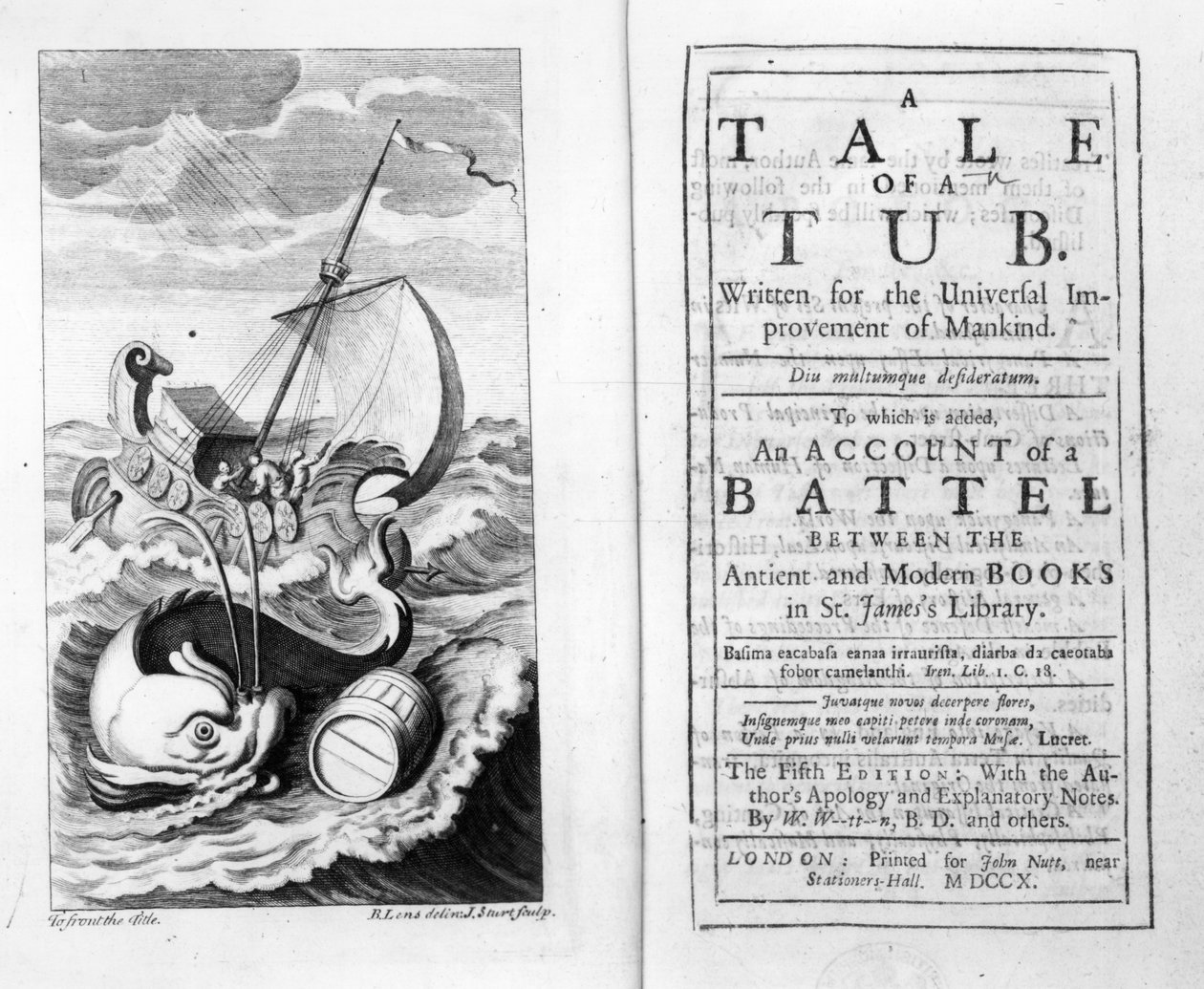 Jonathan Swift A Tale of a Tub című könyvének előlapja és címlapja, John Sturt metszet, 1704 alkotó: Bernard II Lens