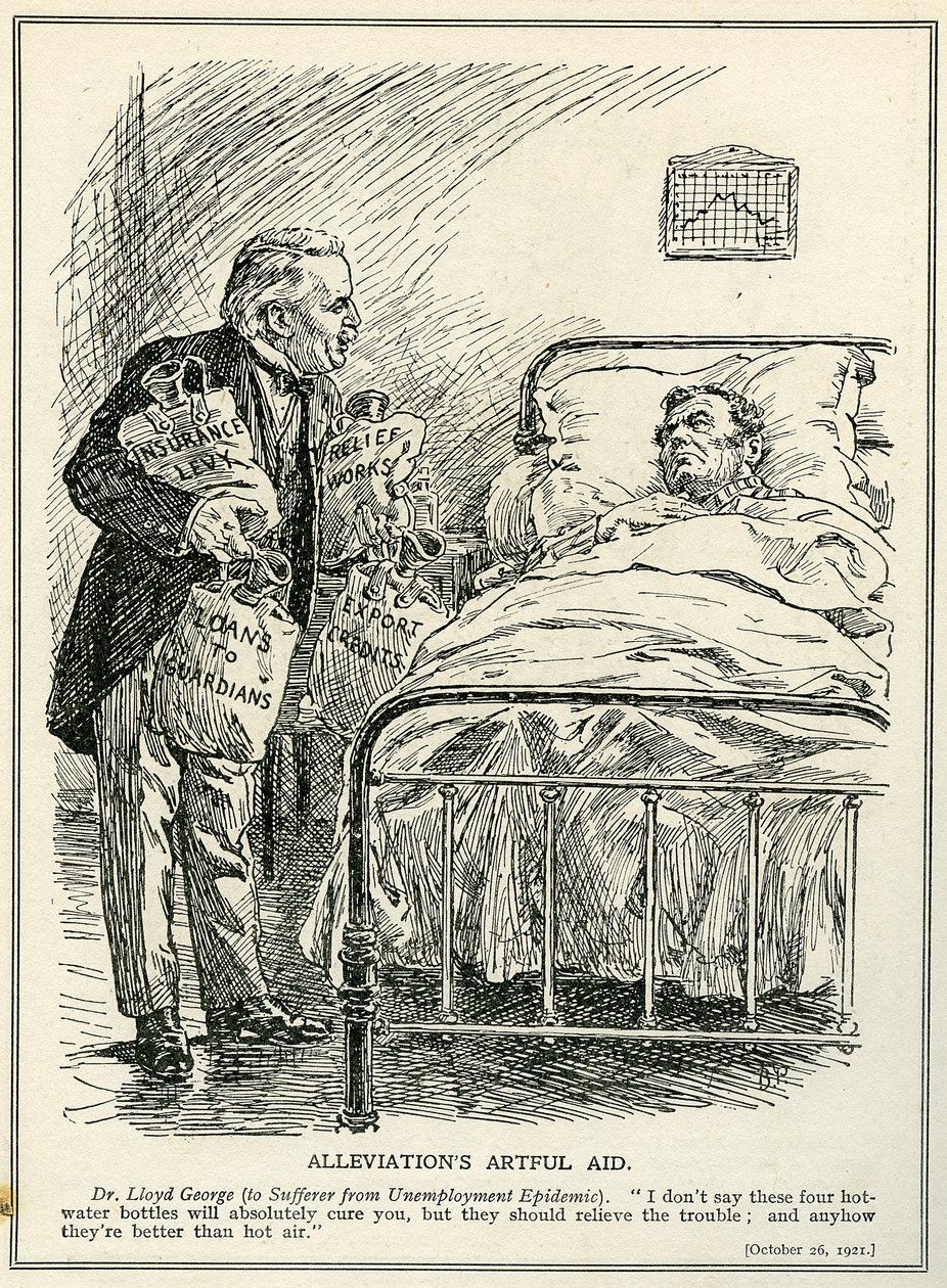 Dr. Lloyd George azt javasolja, hogy négy melegvizes palackkal, „biztosítási illetékkel”, „segélyszolgálattal”, „kölcsönökkel” és „exporthitellel” gyógyítsák ki a munkanélküliségi járványban szenvedőket. alkotó: Bernard John Partridge