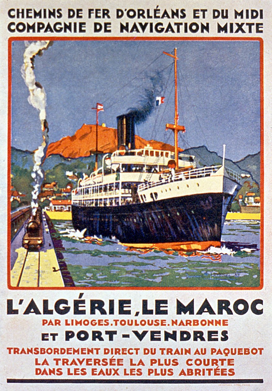 Reklámplakát a francia vasútvonal számára, amely Franciaországból Limoges-on, Toulouse-on, Narbonne-on és Port Vendres-en keresztül Algériába és Marokkóba tart, 1900 körül. alkotó: Bernard Lachevre