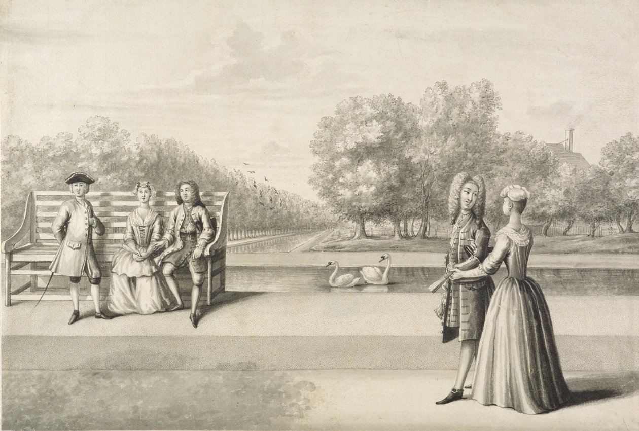 Figurák a Long Water partján, Hampton Court Palace (szürke mosás tollal és tintával, ceruzával papíron) alkotó: Bernard Lens