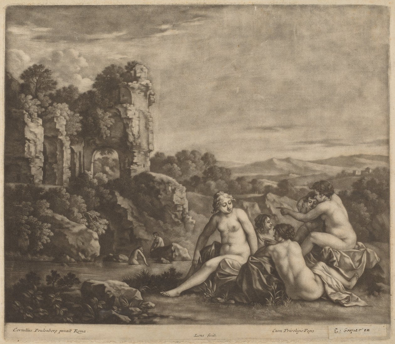 Fürdőzők egy tájban alkotó: Bernard Lens, after Cornelis van Poelenburch