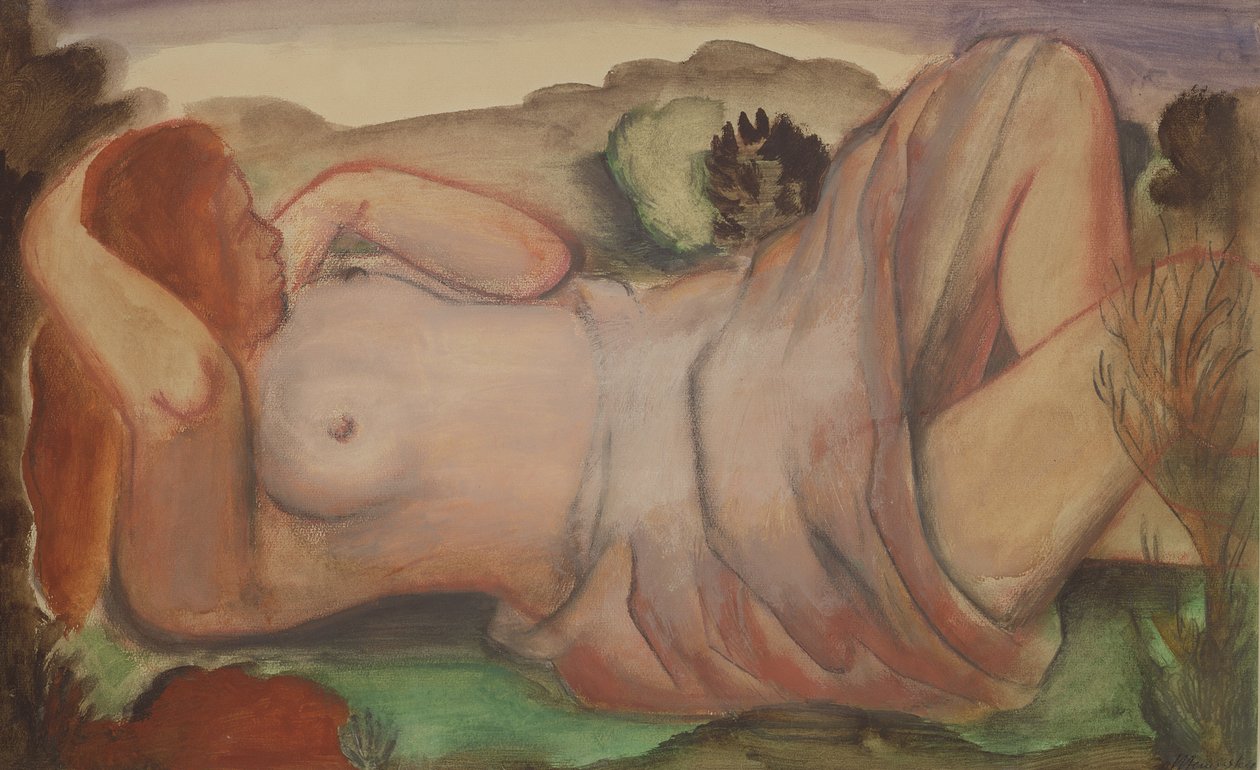 Fekvő akt egy tájban, 1940 körül (gouache, akvarell és ceruza) alkotó: Bernard Meninsky