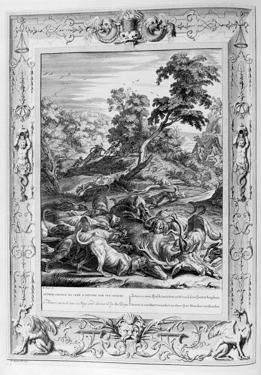 Actaeon szarvasbikává változott, és felfalták a kutyái, 1733 alkotó: Bernard Picart