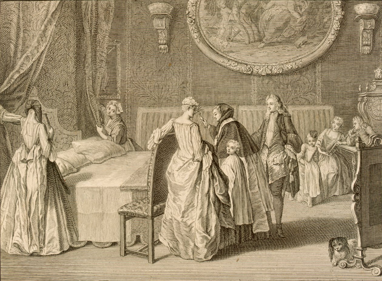 A házassági ágy megáldása, illusztráció a „Vallási szertartások és szokások” című könyvből, 1724 alkotó: Bernard Picart