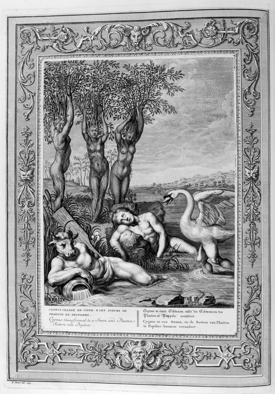 Cygnus hattyúvá, Phaeton nővérei nyárfává változtak, 1733 alkotó: Bernard Picart