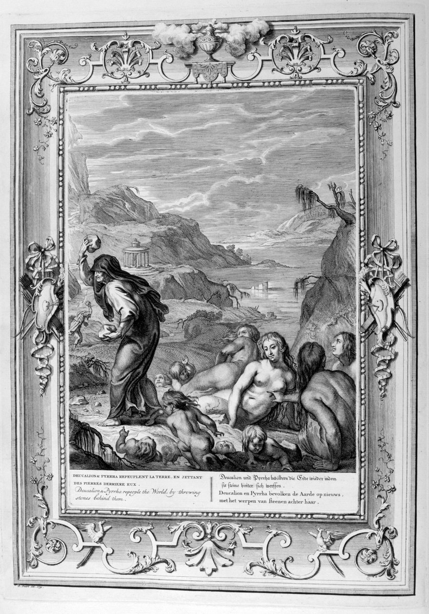 Deucalion és Pyrrha úgy népesíti be a világot, hogy köveket dobálnak maguk mögé, 1733 alkotó: Bernard Picart