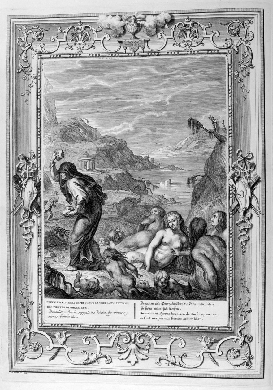Deucalion feleségével, Pyrrhával együtt túléli az özönvizet (metszet) alkotó: Bernard Picart