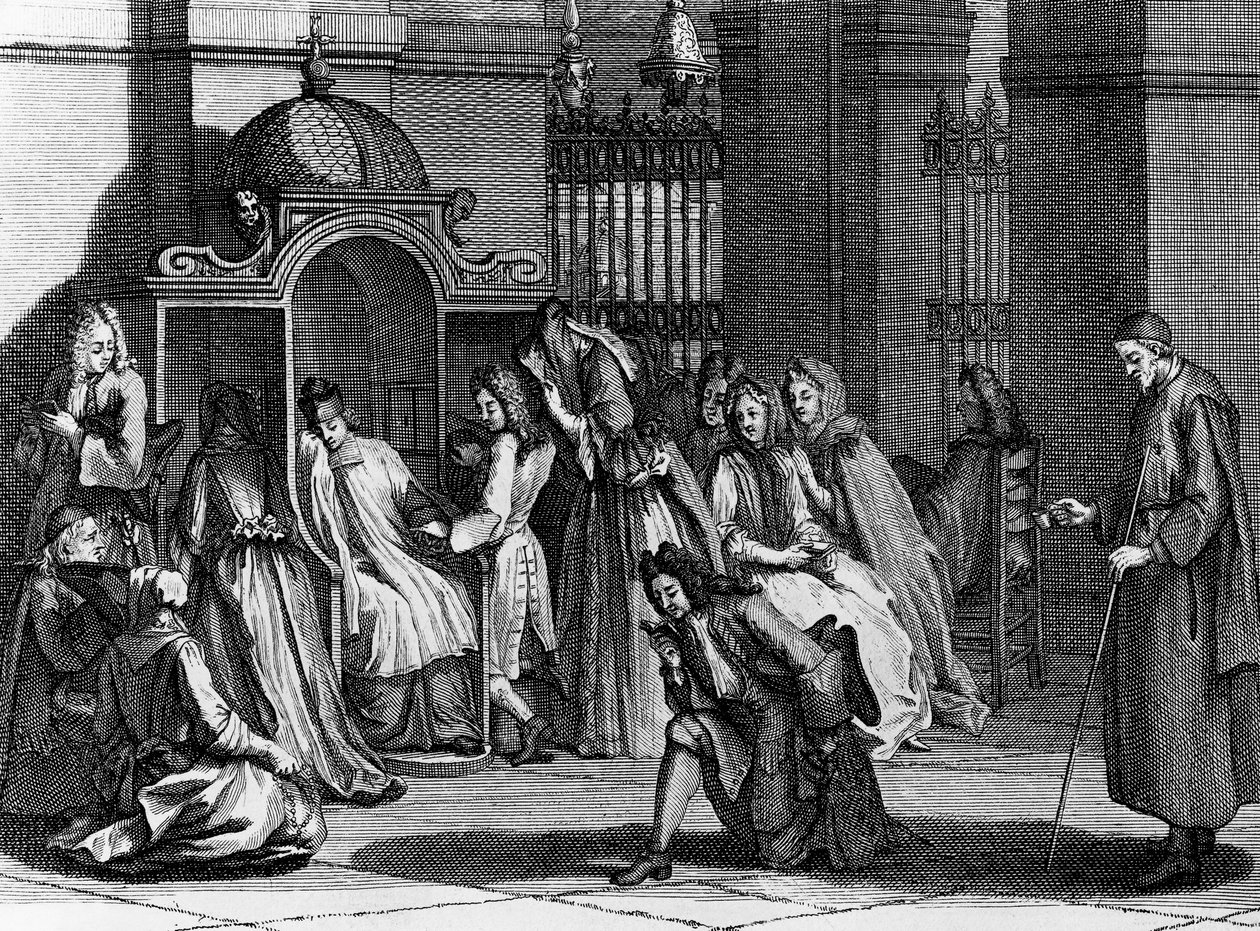 Hűséges várakozás a gyóntatószék előtt, Bernard Picart (1673-1733) metszete a világ összes népének vallási szertartásai és szokásai címmel alkotó: Bernard Picart