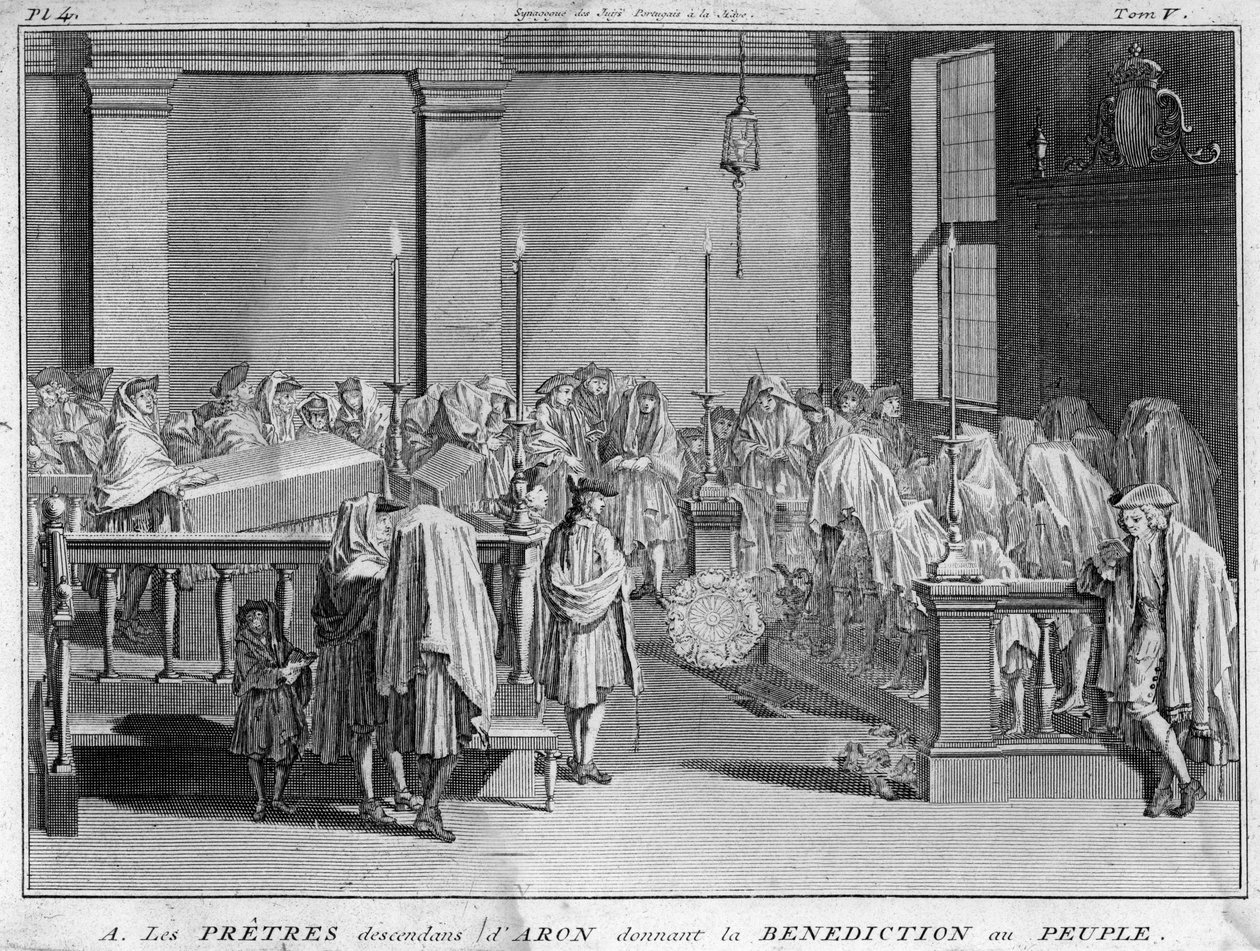 Izrael főpapja, aki az apai származásukat Áronra visszavezethető zsidó papi családokhoz tartozik, áldást ad a zsidó népnek. Metszet: B. „Illustration de ceremonies et customs religieuses de tous les peuples du monde” alkotó: Bernard Picart