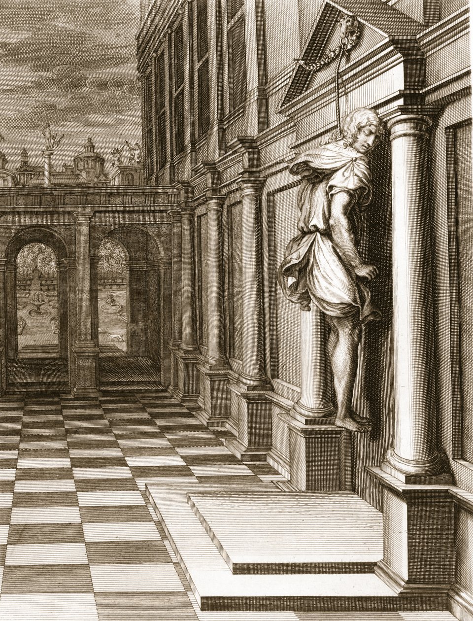 Iphis felakasztja magát kétségbeesésében, hogy nem tudta megszerezni Anaxarete-t, 1731 alkotó: Bernard Picart