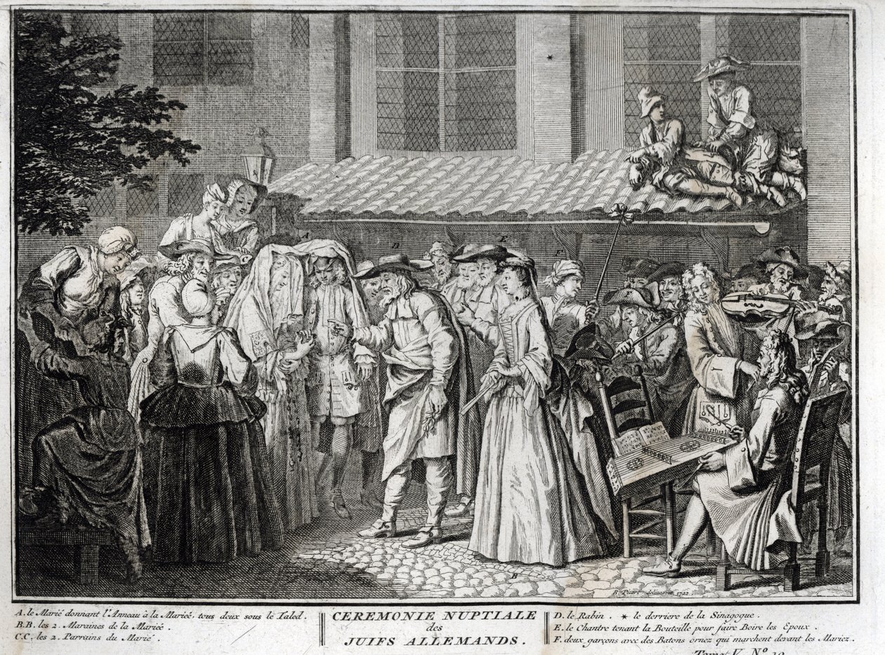 Zsidó esküvő a német zsidó közösségben Metszet a „” Illustration de ceremonies et customs religines de les peuple du monde” című könyvéből, Bernard Picart (1723-1743) 1819 Magángyűjtemény alkotó: Bernard Picart