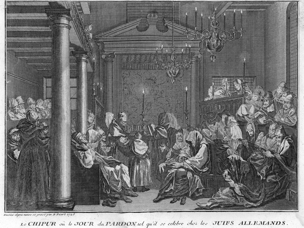Judaizmus: Chipur ünnepe a német zsidók között (Jom Kippur, a zsidó nép engesztelésének napja) Metszet Bernard Picart (1723-1743) „A világ összes népének szertartásainak és vallási szokásainak illusztrálásából” 1819-es magángyűjtemény alkotó: Bernard Picart