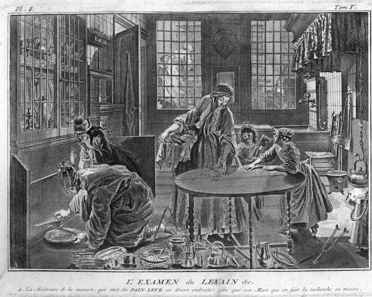 Judaizmus: kovász vizsgálata, kovász keresése Pessza (húsvét) ünnepének előestéjén A kovász keresése, minden chametz eltávolítása húsvét előestéjén a zsidó nép számára) Metszet a „” képből Illustration de ceremonies et customs vallás alkotó: Bernard Picart