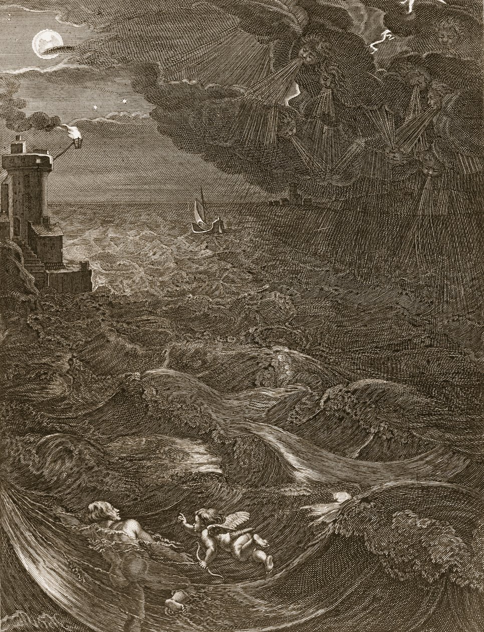 Leander átúszik a Hellesponton, hogy találkozzon hősnőjével, 1730 alkotó: Bernard Picart