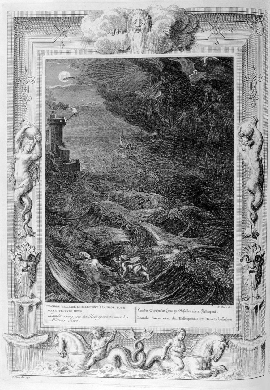 Leander átúszik a Hellesponton, hogy találkozzon hősnőjével, 1733 alkotó: Bernard Picart