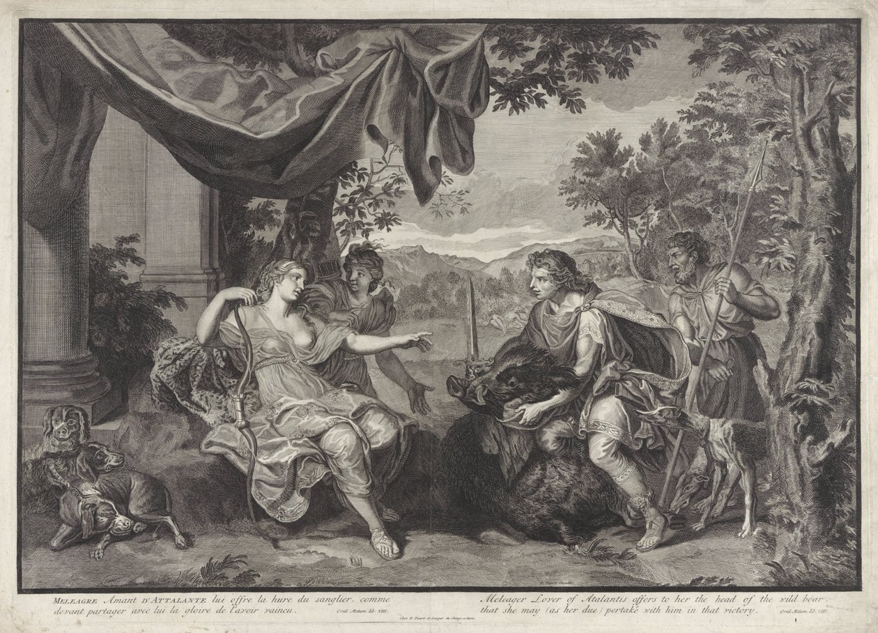 Meleager átadja a kaledóniai vaddisznó fejét Atalantának A Meleager története (sorozat címe) alkotó: Bernard Picart