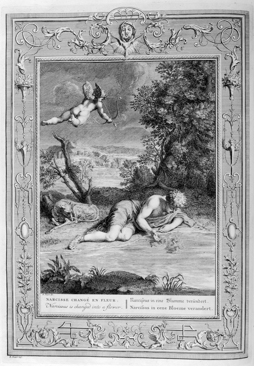 Nárcisz szerelmes saját tükörképébe, 1733 alkotó: Bernard Picart