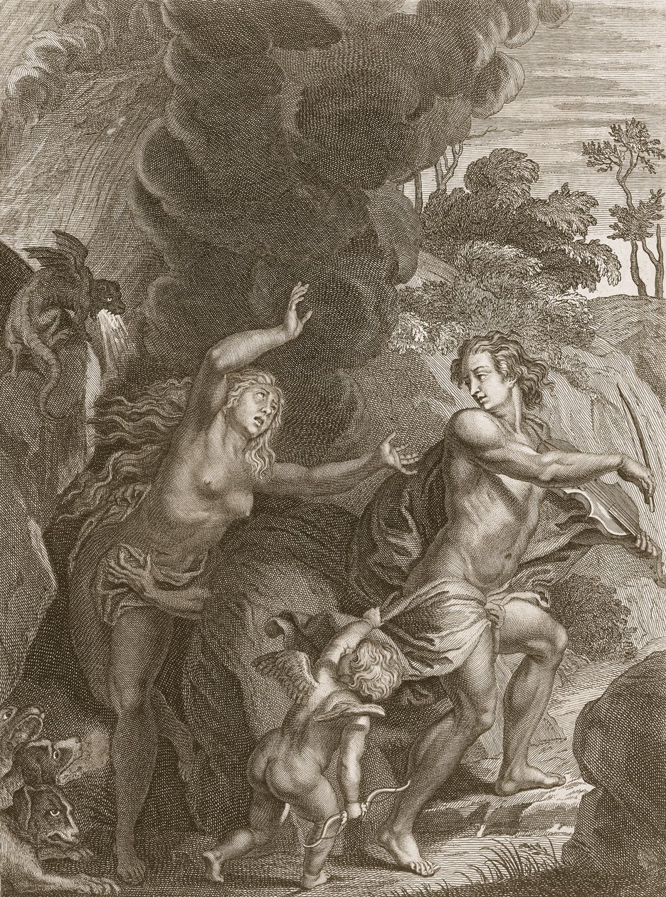 Orpheus, kivezeti Eurydicet a pokolból, visszanéz rá, és örökre elveszíti, 1731 alkotó: Bernard Picart