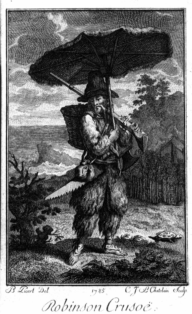 Robinson Crusoe ábrázolása a sivatagi szigetén. Bernard Picart (1673-1733) metszete Daniel Defoe vagy De Foe (1660-1731) regényét illusztrálva alkotó: Bernard Picart