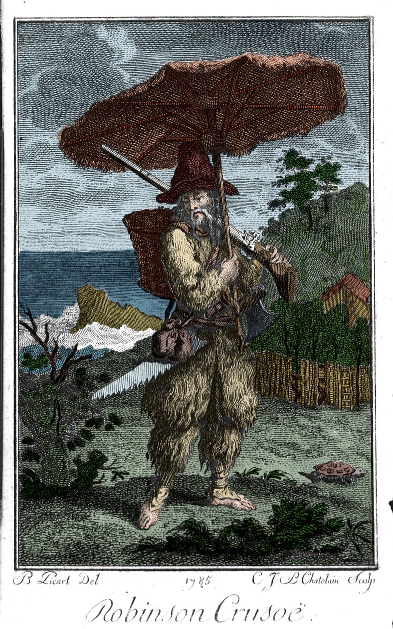 Robinson Crusoe ábrázolása a sivatagi szigetén. Bernard Picart (1673-1733) metszete Daniel Defoe vagy De Foe (1660-1731) regényét illusztrálva alkotó: Bernard Picart