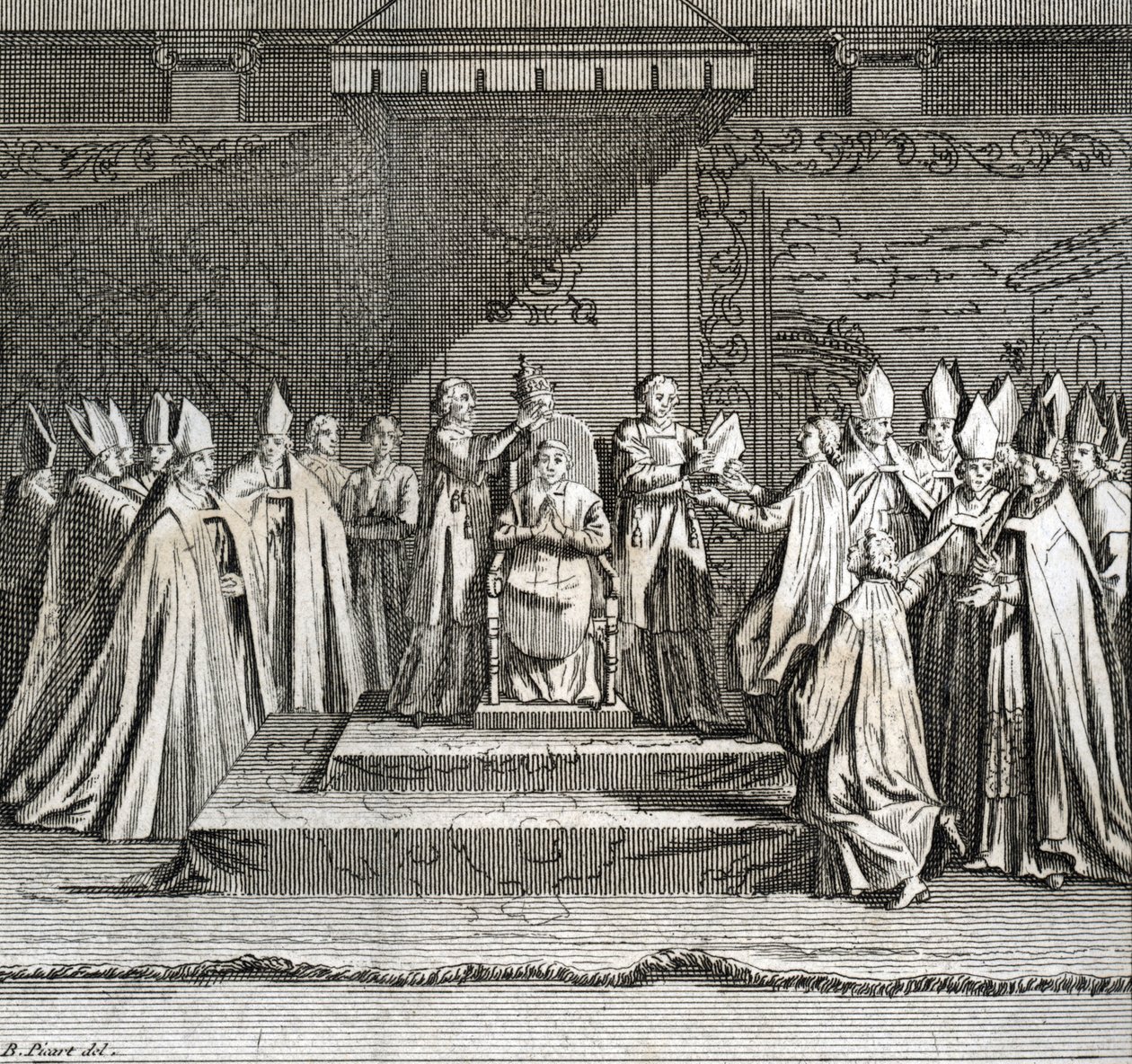 A pápa ünnepélyes beiktatása „Representation du coronation du pope”” (pápai beiktatás: a pápa megkoronázása) Metszet a Bernard Picart (1723-1743) „” A világ összes népének szertartásai és vallási szokásai” illusztrációjából. alkotó: Bernard Picart