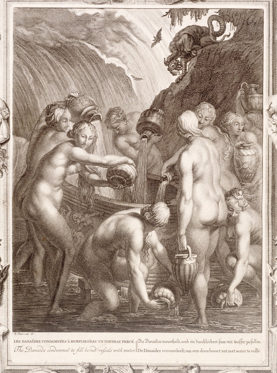 Az unatkozó edények vízzel való feltöltésére ítélt danaiak, 1730 alkotó: Bernard Picart