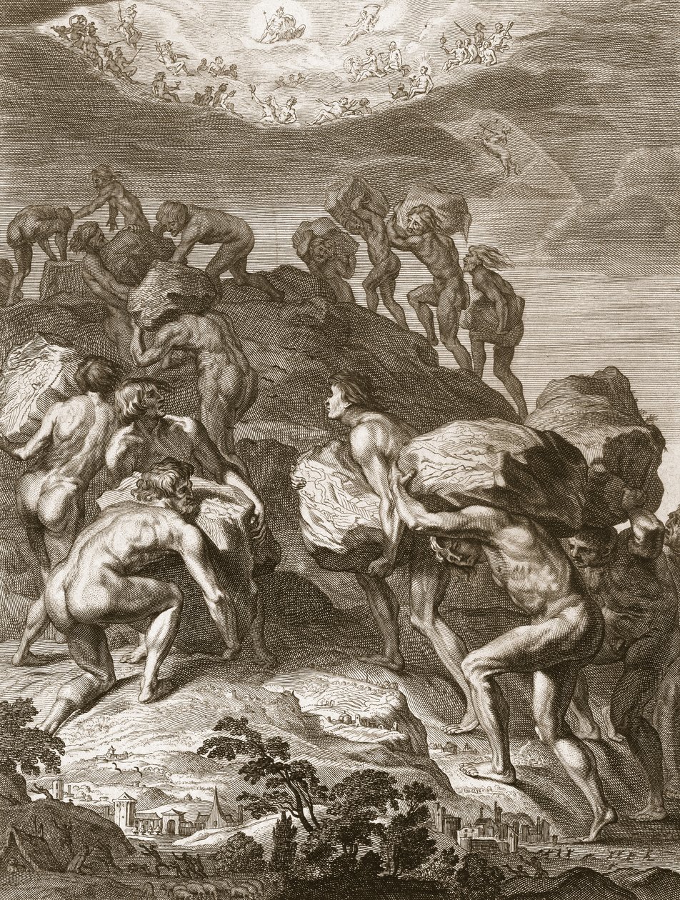 Az óriások megpróbálják átméretezni a mennyországot a hegyek egymásra halmozásával, 1731 alkotó: Bernard Picart