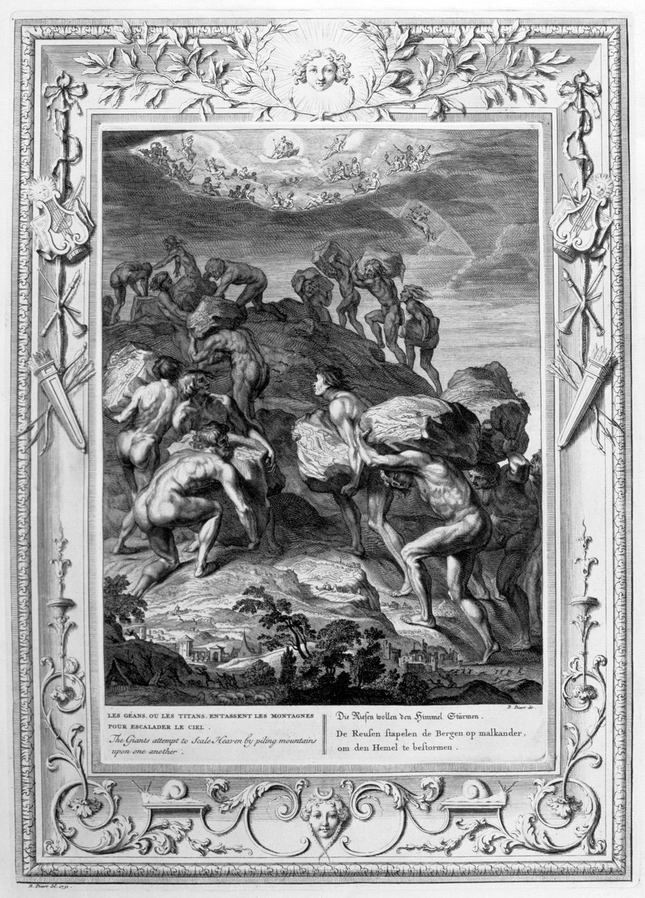 Az óriások hegyeket halmozva próbálnak átlépni a Mennyországon, 1733 alkotó: Bernard Picart