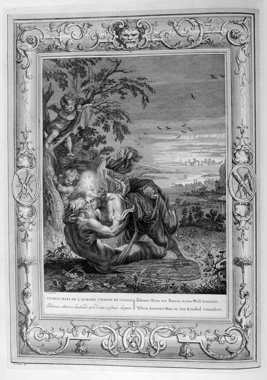 Tithonus, Auroras férje, szöcskévé változott, 1733 alkotó: Bernard Picart