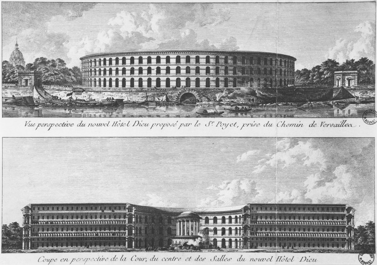 Projekt egy új Hotel-Dieu átadására az Ile aux Cygnes-en, Párizs, 1787 körül (bw fotó) alkotó: Bernard Poyet