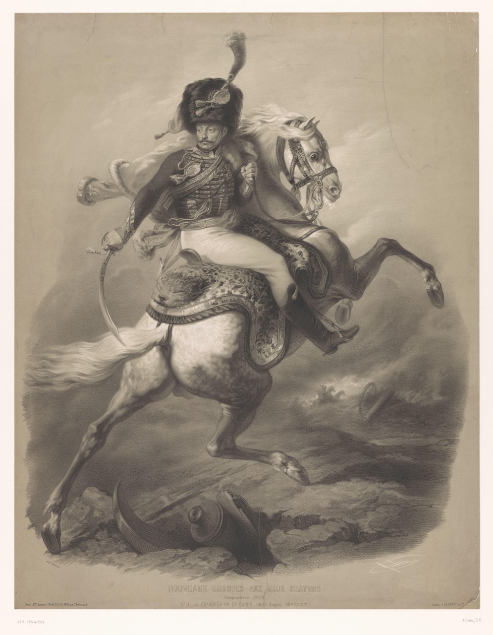 Támadó tiszt lóháton Le chasseur de la garde (cím a tárgyon) Új litográfiák kétféle krétával (sorozat címe) Nouveaux groupes aux deux zsírkréták (sorozat címe az objektumon) alkotó: Bernard Romain Julien