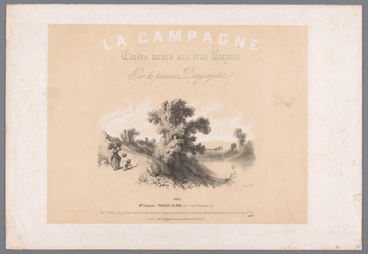 Borító hat vidéki életet ábrázoló nyomathoz La Campagne. Études varieés aux deux Crayons par les premiers Paysagistes (cím a tárgyon) A vidéki élet ábrázolásai (sorozat címe) La Campagne. Tanulmányok vari alkotó: Bernard Romain Julien