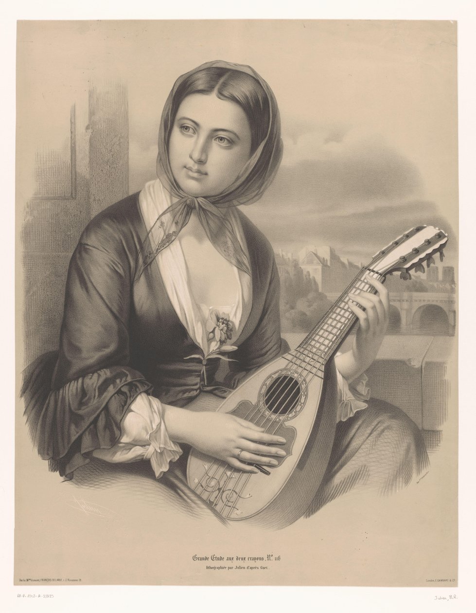 Nő mandolinon játszik Nagy tanulmányok kétféle krétáról (sorozat címe) Grande étude aux deux zsírkréták (sorozat címe a tárgyon) alkotó: Bernard Romain Julien