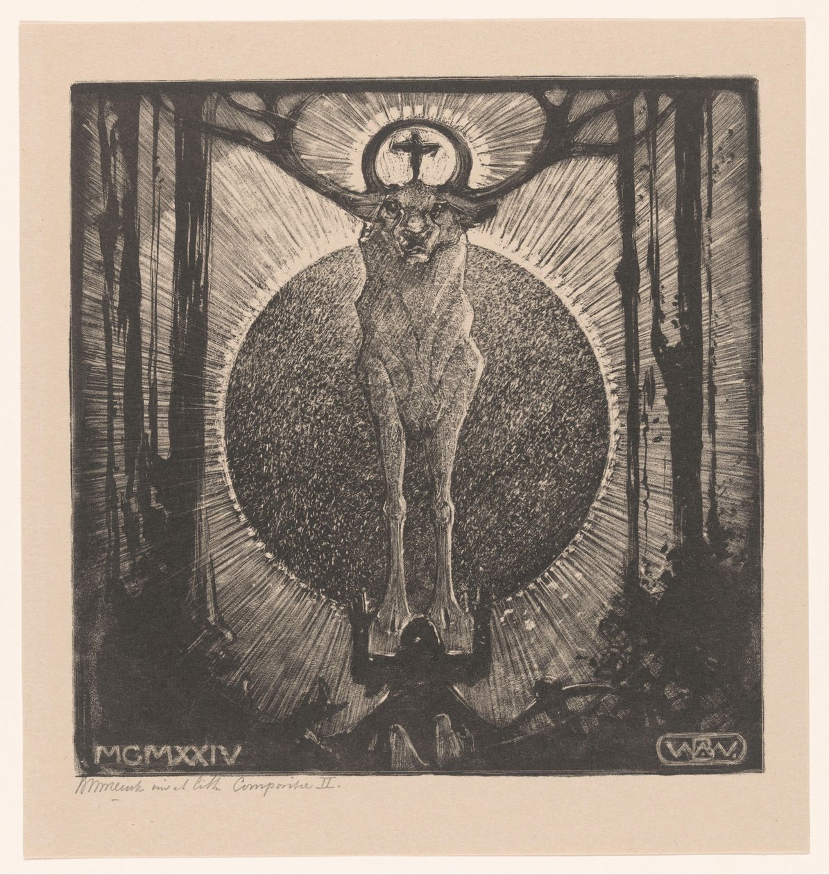 Térdelő alak egy szarvas megjelenése előtt Szent Hubertus látomása (II. kompozíció) (eredeti cím) alkotó: Bernard Willem Wierink (signed by artist)