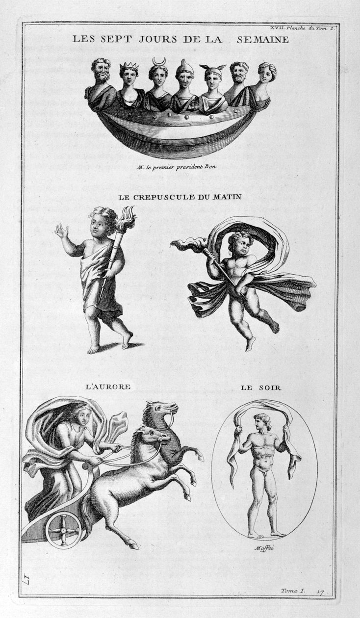 A hét hét napja. Alkonyat, reggel, hajnal, este, 1757 alkotó: Bernard de Montfaucon