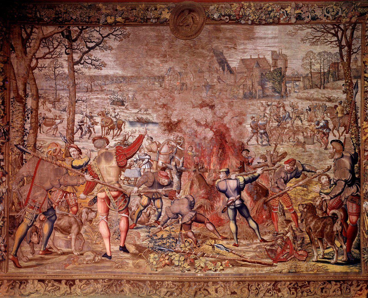 Maximilien „Guise gyönyörű vadászatai” elnevezésű vadászatai: január hónap, Vízöntő, vaddisznóvadászat, flambee, kúra - Bernard van Orley flamand műhelyeiben készített gobelin (Barend, Barent, Bernaert van Brussel alkotó: Bernard van (after) Orley