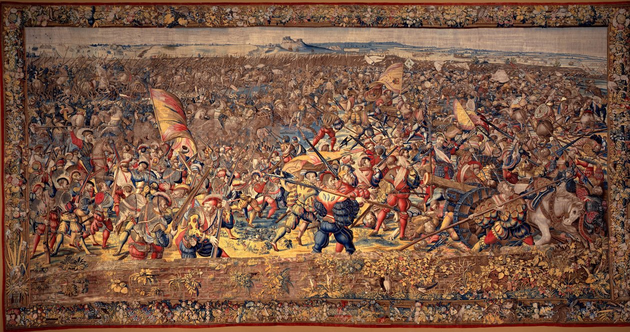 A paviai csata: A francia lovasság veresége és a császári gyalogság elfoglalja az ellenséges tüzérséget. alkotó: Bernard van & Dermoyen Willem (active 1520-1530s) Orley