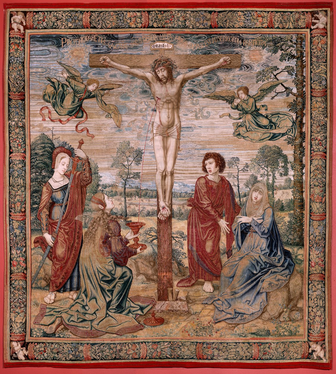 Flamand kárpit. V. Károly Dais-sorozata (Ausztriai Margit baldachinja). Az Irgalmasság Krisztusa (Cristo de la Misericordia). Gobelin panel az emelvény mögött. Bernard van Orley modell (1491-1542). Gyártás Pieter de Pannemaker, Brüsszel. 1518-1524. Szövet  alkotó: Bernard van Orley