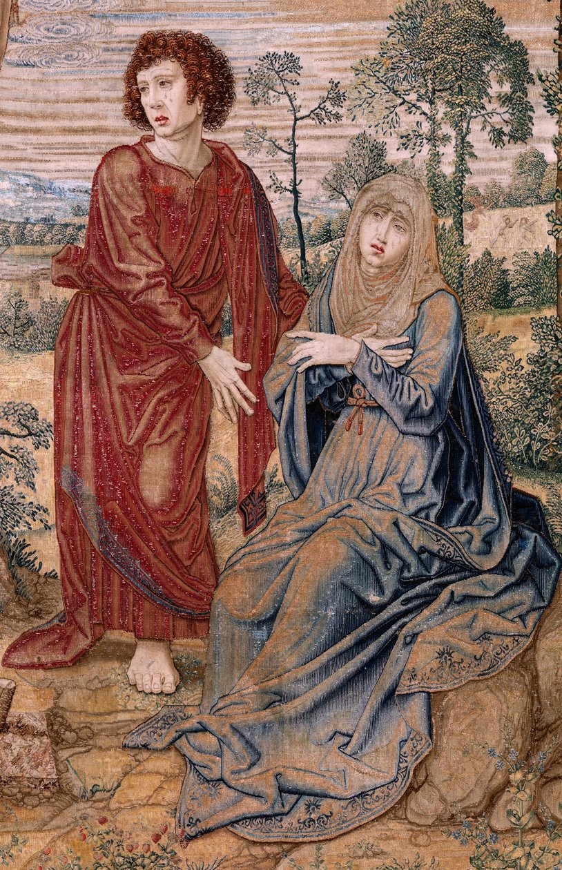 Flamand kárpit. V. Károly Dais-sorozata (Ausztriai Margit baldachinja). Az Irgalmasság Krisztusa (Cristo de la Misericordia). Gobelin panel az emelvény mögött. Bernard van Orley modell (1491-1542). Gyártás Pieter de Pannemaker, Brüsszel. 1518-1524. Szövet  alkotó: Bernard van Orley