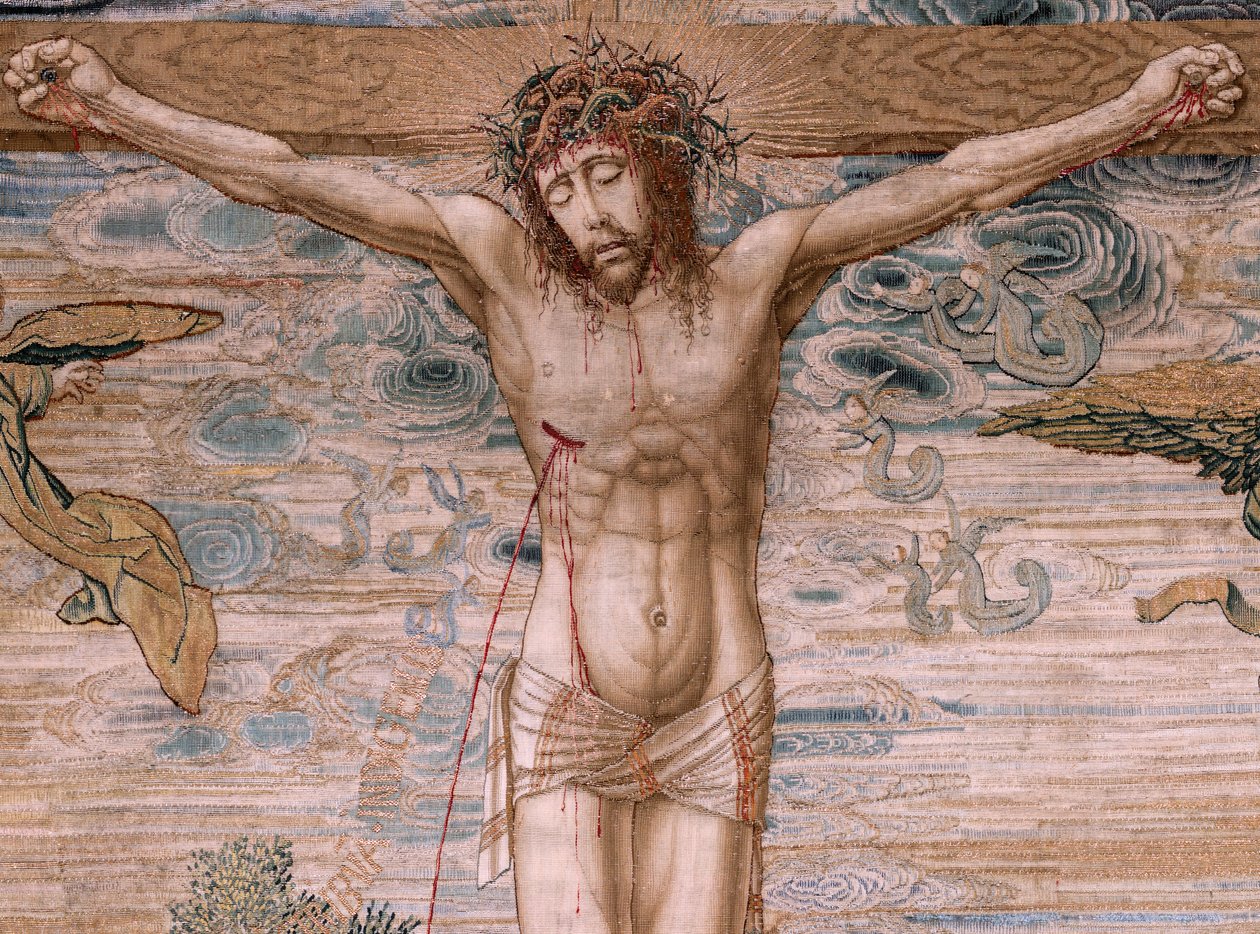 Flamand kárpit. V. Károly Dais-sorozata (Ausztriai Margit baldachinja). Az Irgalmasság Krisztusa (Cristo de la Misericordia). Gobelin panel az emelvény mögött. Bernard van Orley modell (1491-1542). Gyártás Pieter de Pannemaker, Brüsszel. 1518-1524. Szövet  alkotó: Bernard van Orley