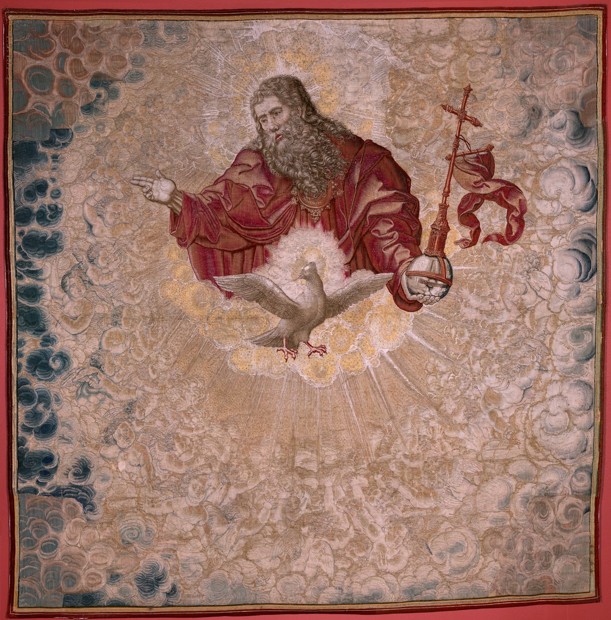 Flamand kárpit. V. Károly Dais-sorozata (Ausztriai Margit baldachinja). Az Atyaisten és a Szentlélek (El Padre Eterno y el Espíritu Santo). Baldachin az emelvényről. Bernard van Orley modell (1491-1542). Gyártás Pieter de Pannemaker, alkotó: Bernard van Orley