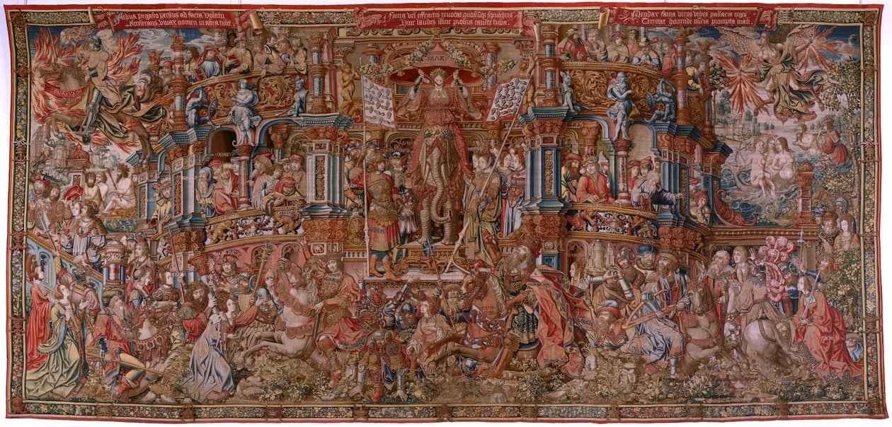 Flamand kárpit. A kitüntetések sorozat. Hírnév (La Fama). Harmadik kárpit a sorozatban. Modell karikaturisták Bernard van Orley és Jan Gossaert (Mabuse) köréből. Gyártás Pieter van Aelst, Brüsszel. Kb. 1550. Szövet Arany, ezüst, selyem és gyapjú. alkotó: Bernard van Orley
