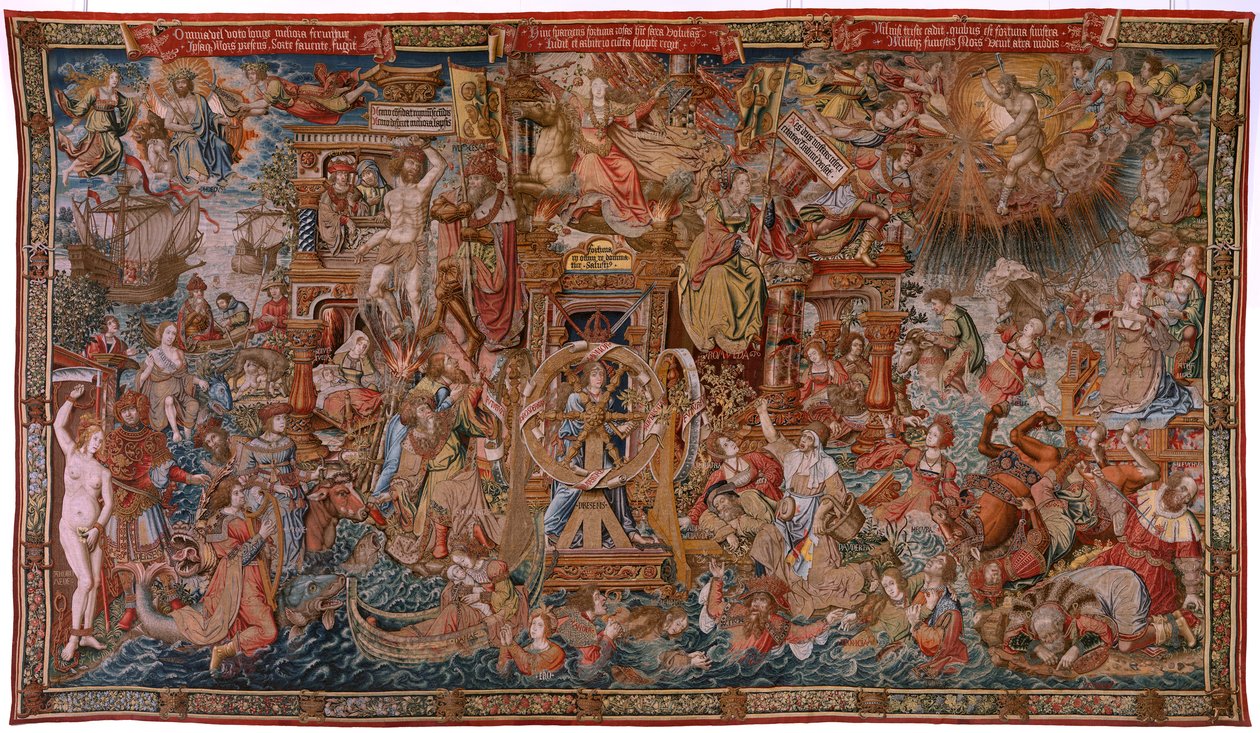 Flamand kárpit. A kitüntetések sorozat. Fortune, Út a kitüntetésekhez (La Fortuna, Camino de los Honores). A sorozat ötödik kárpitja. Modell karikaturisták Bernard van Orley és Jan Gossaert de Mabuse köréből. Gyártás Pieter van Aelst, Brusse alkotó: Bernard van Orley