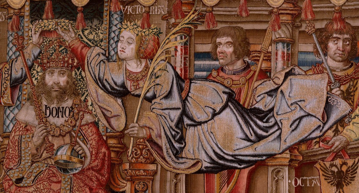 Flamand kárpit. A kitüntetések sorozat. Honor (El Honor). A sorozat második kárpitja. Modell karikaturisták Bernard van Orley és Jan Gossaert (Mabuse) köréből. Gyártás Pieter van Aelst, Brüsszel. Kb. 1550. Szövet Arany, ezüst, selyem és gyapjú. alkotó: Bernard van Orley